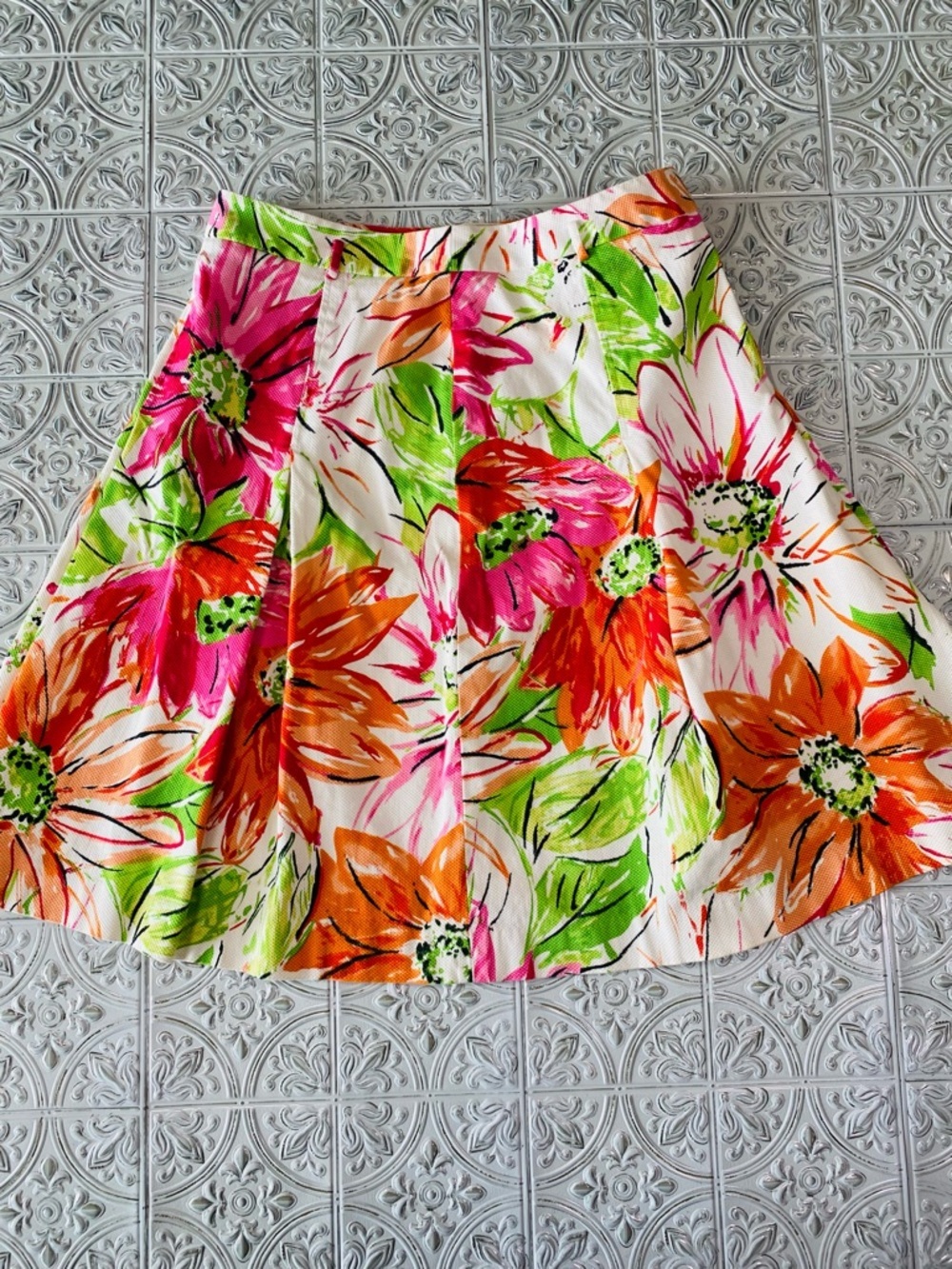 Grace Elements Floral Skirt Size 8 Bright Pink Orange Pleated A-Line Textured